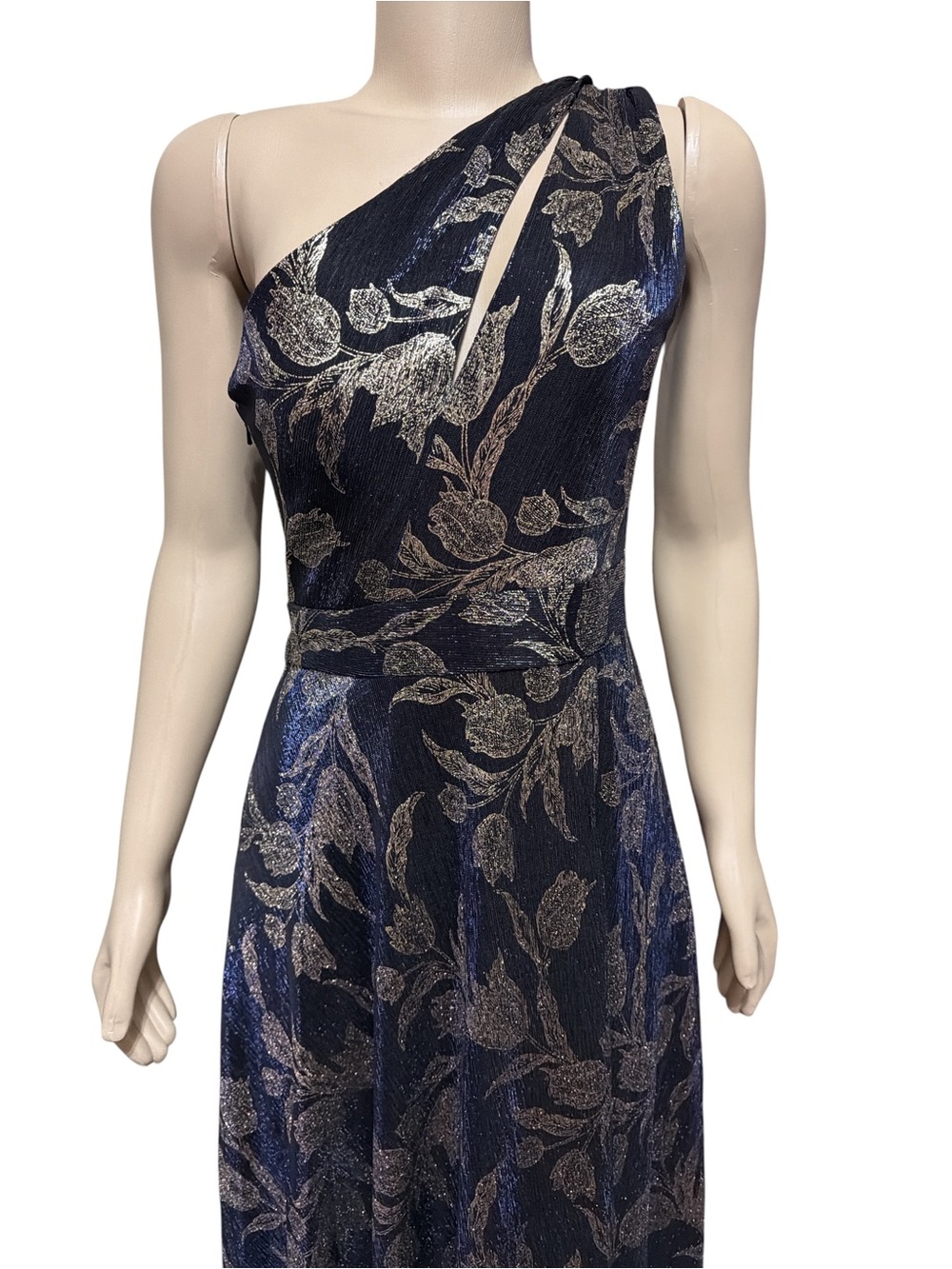 NWT Betsy & Adam Sz 6 Navy Gold Metallic Floral One-Shoulder Evening Gown $278 - Picture 6 of 9